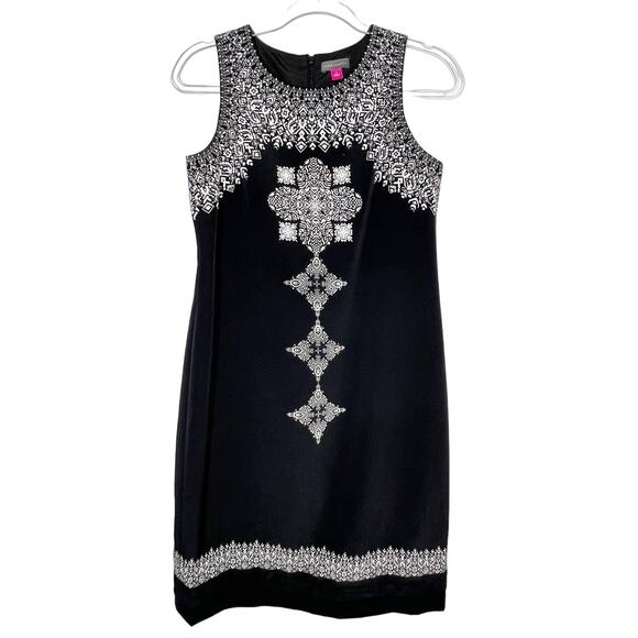 VINCE CAMUTO Sleeveless Shift Dress Above Knee Geo-Patterned Black White Size 2 - Picture 1 of 8